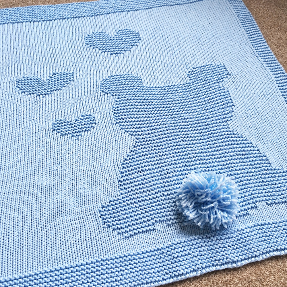 Bear and Hearts Baby Blanket Knitting Pattern